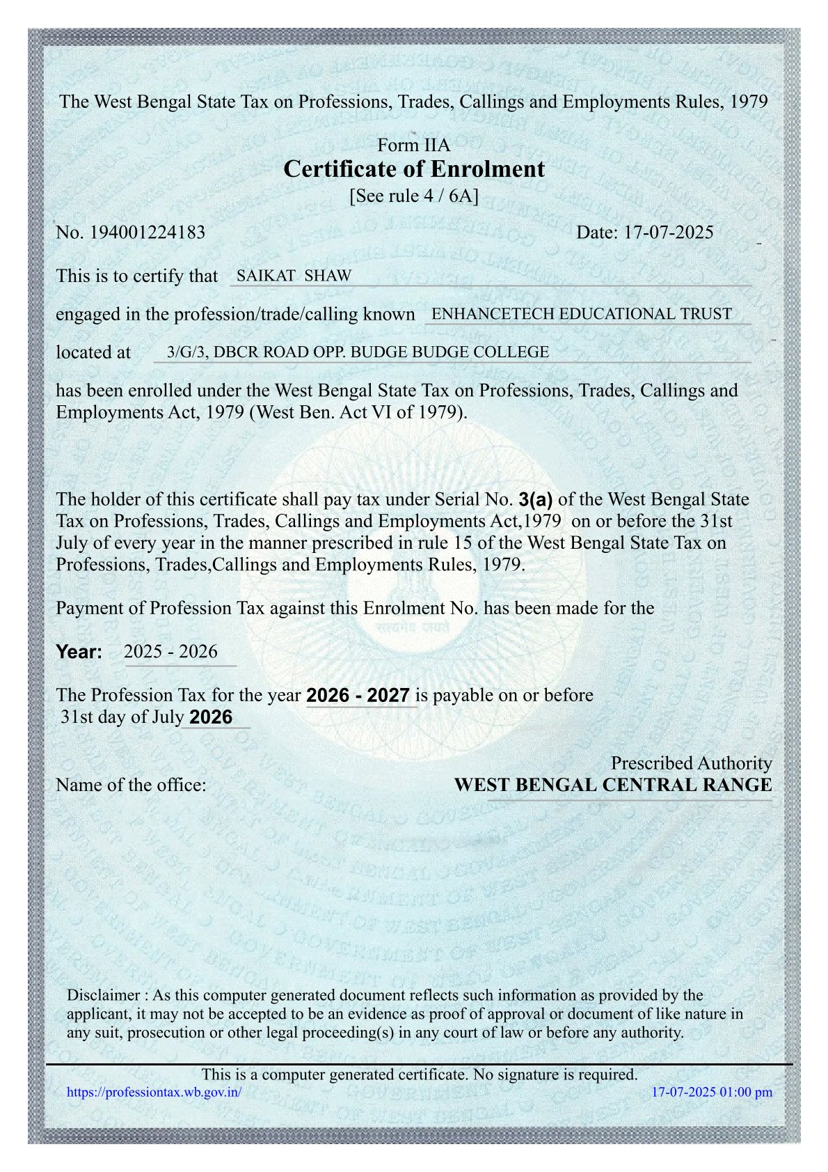 West Bengal State Tax on Professions